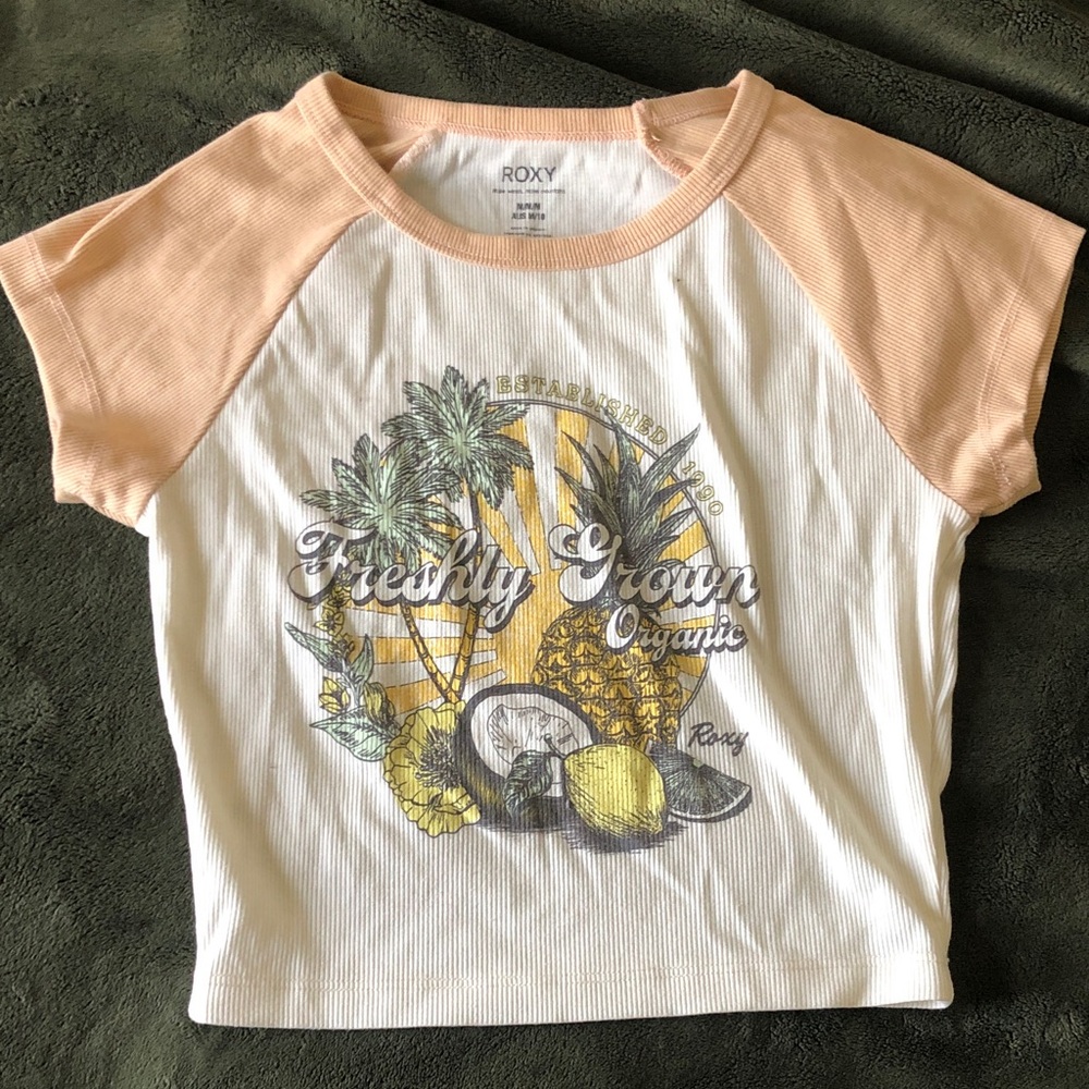 Roxy 'Freshly Grown' White & Peach Graphic crop top